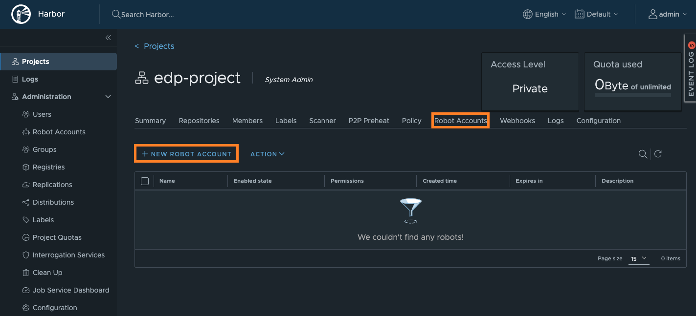 Create Robot Account menu New Project