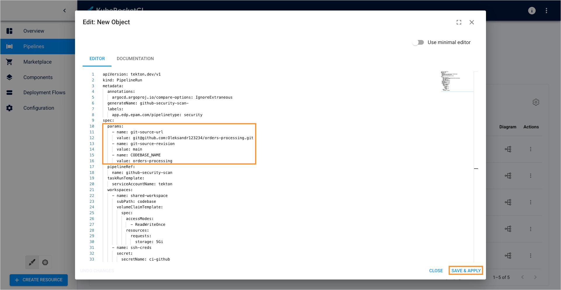 Specify parameters