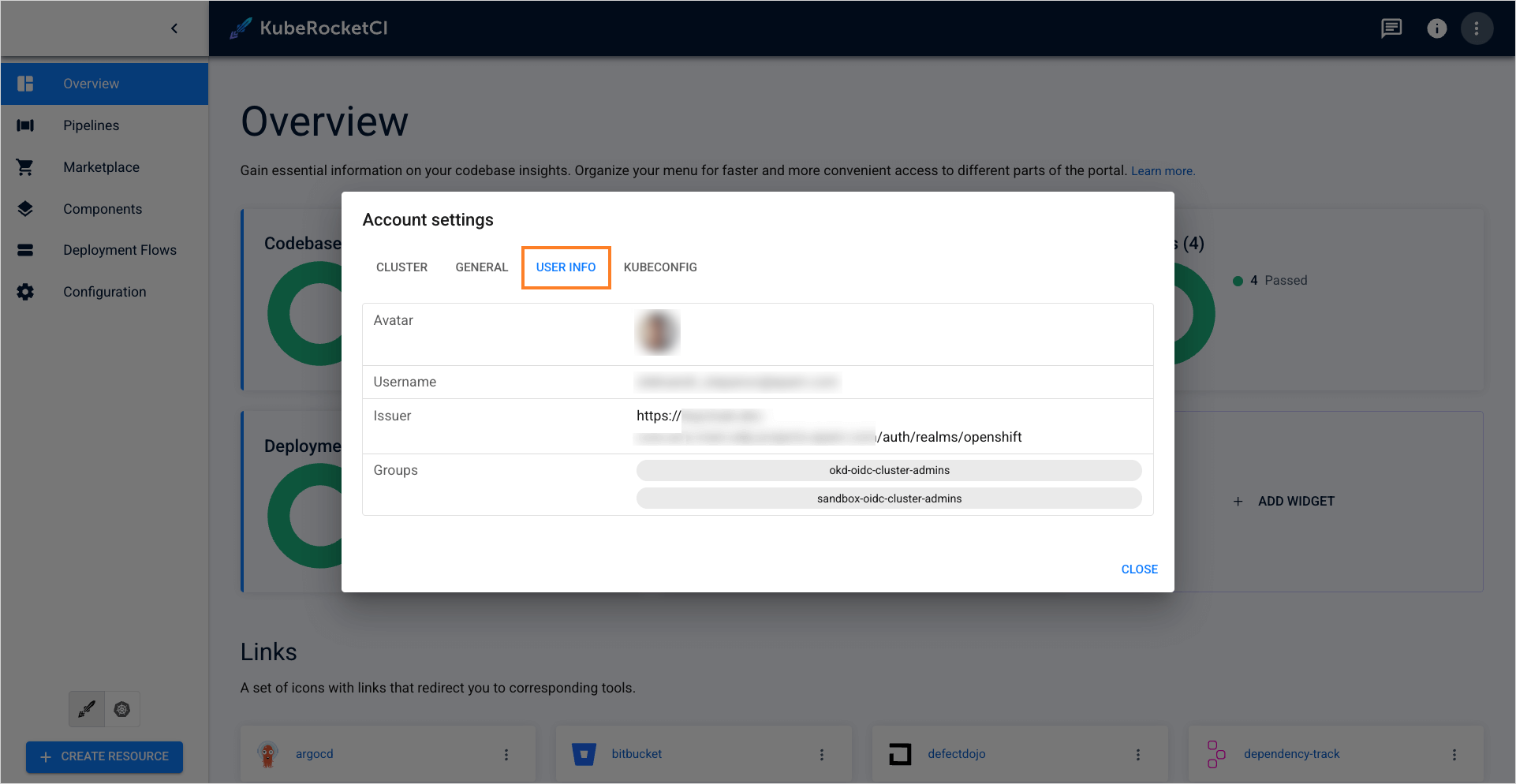 User info tab